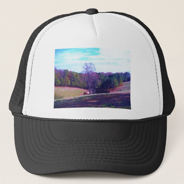 Far Away Horse in a Purple Field Trucker Hat (Front)