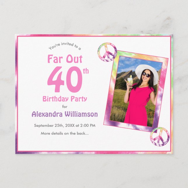 Far Out 40th Groovy Tie Dye Birthday Party Photo Invitation Postcard (Front)