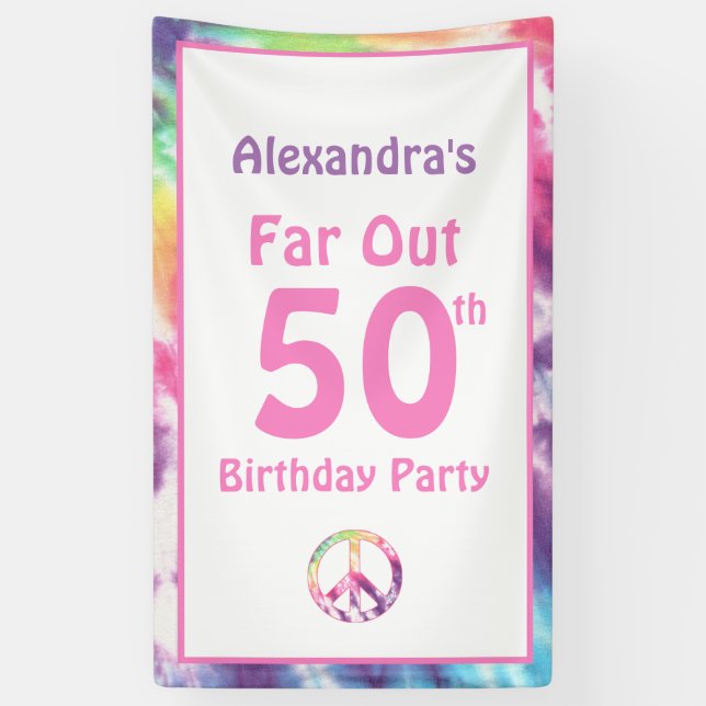 Far Out 50th Groovy Tie Dye Birthday Name Party Banner (Vertical)