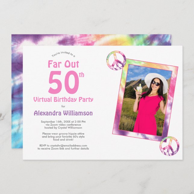 Far Out 50th Tie Dye Virtual Birthday Party Photo Invitation (Front/Back)