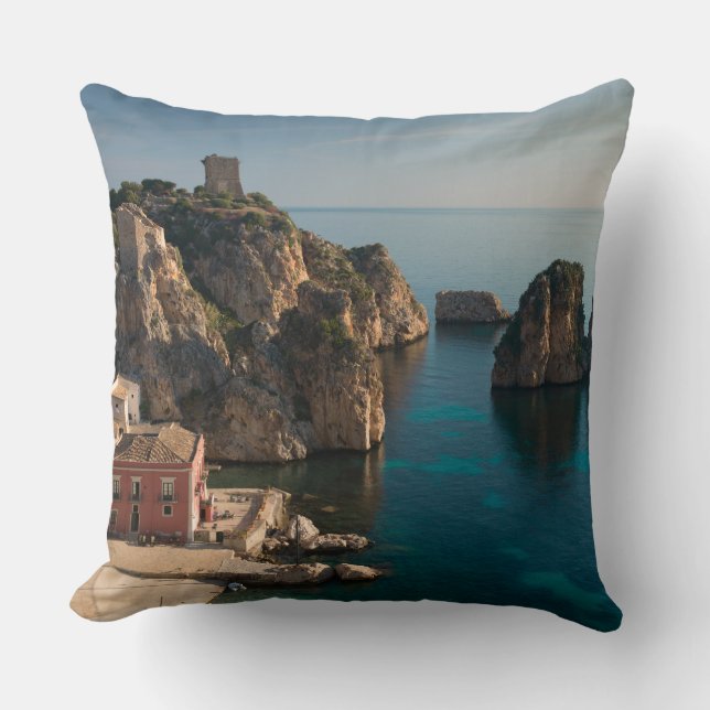 Faraglioni and Tonnara in Scopello, Sicily Cushion (Front)