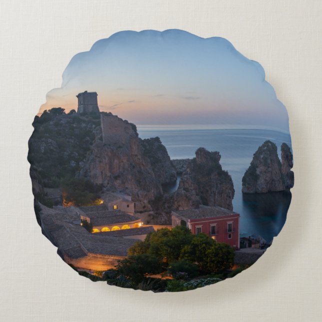 Faraglioni and Tonnara in Scopello, Sicily Round Cushion (Front)