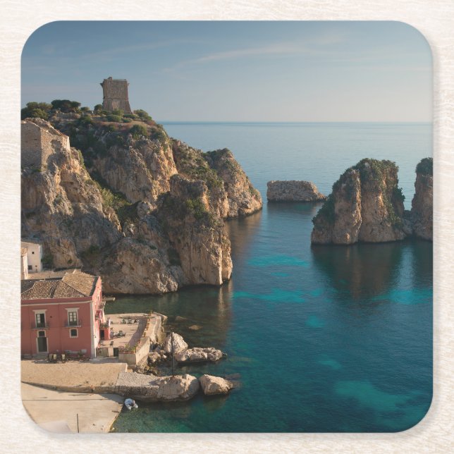 Faraglioni and Tonnara in Scopello, Sicily Square Paper Coaster (Front)