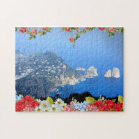 Faraglioni rocks Capri Island, Italy with flowers