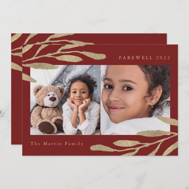 Farewell 2022 Faux Gold Botanical Two Photo Red Holiday Card (Front/Back)