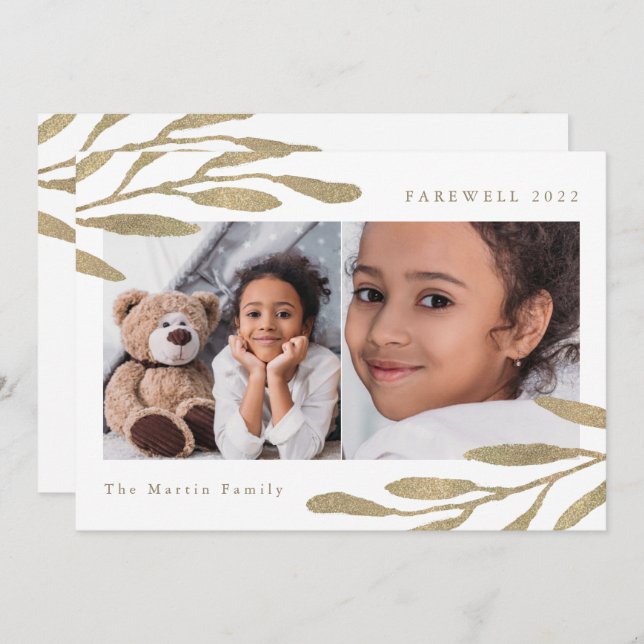 Farewell 2024 Faux Gold Botanical Two Photo Holiday Card (Front/Back)