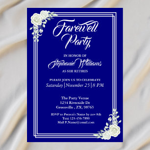 Farewell Elegant Script Blue White Rose Party  Invitation