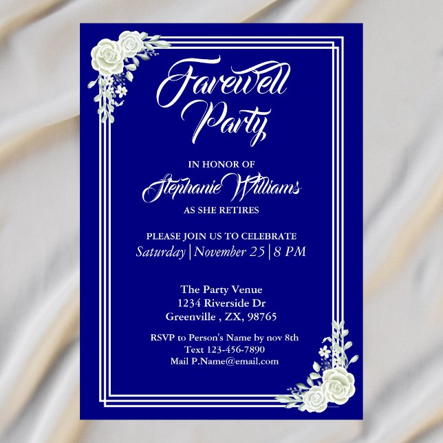Farewell Elegant Script Blue White Rose Party  Invitation (Creator Uploaded)