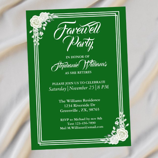 Farewell Elegant Script Green White Rose Party  Invitation (Creator Uploaded)