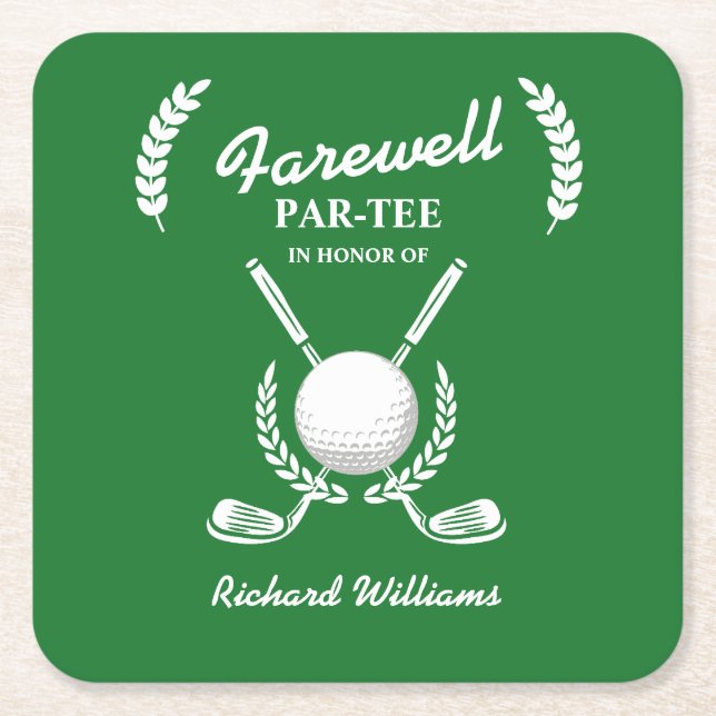 Farewell Retirement Golf Clubs Wreath Themed Party Square Paper Coaster (Front)