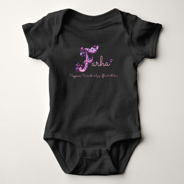 Farha girls name & meaning F monogram baby romper Bodysuit (Front)