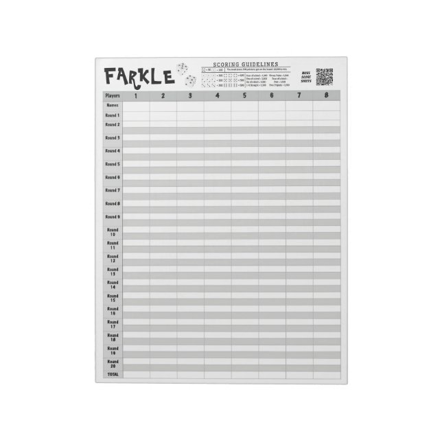 Farkle Big Score Sheets with Rules Easy Tear Away Notepad (Rotated)