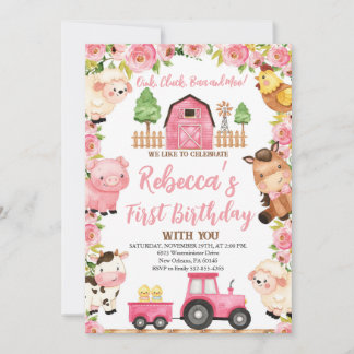 Farm 1st Birthday for Girl, Farm Animals Invitation