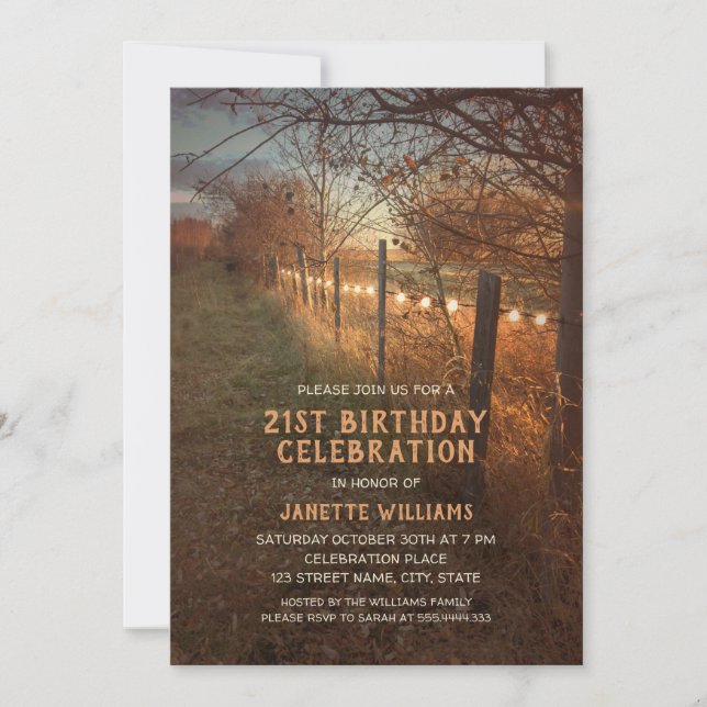 Farm 21st Birthday Invitations | Country Fall Path (Front)