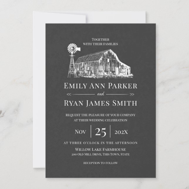 Farm and Windmill Chalkboard Rustic Wedding Invitation (Front)