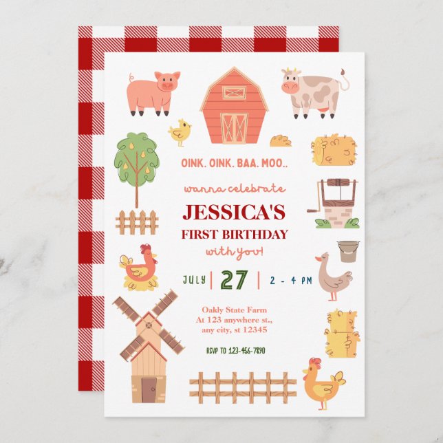 Farm animal 1st birthday invitation (Front/Back)
