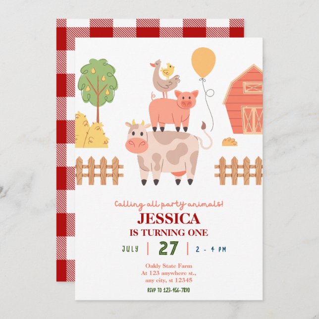 Farm animal 1st birthday invitation (Front/Back)