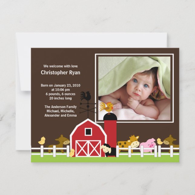 Farm Animal Baby Boy Birth Photo Announcement (Front)