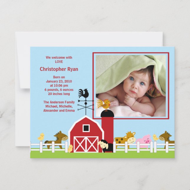 Farm Animal Baby Boy Birth Photo Announcement (Front)