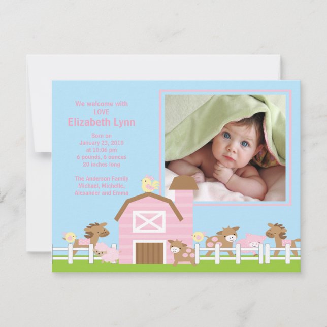 Farm Animal Baby Girl Birth Photo Announcement (Front)