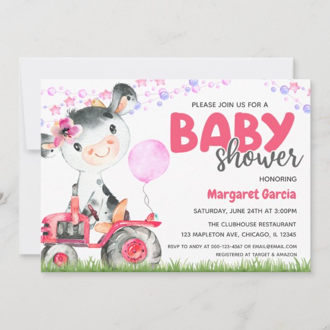 Farm Animal Baby Girl Cow Baby Shower Invitation (Front)