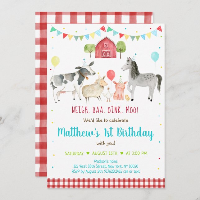 Farm Animal Balloon Birthday Invitation (Front/Back)