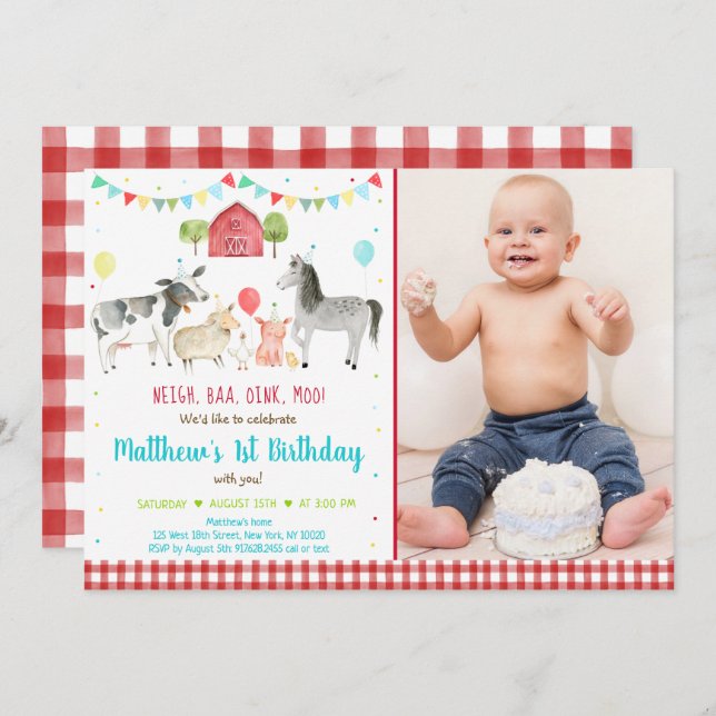 Farm Animal Balloon Birthday Invitation (Front/Back)