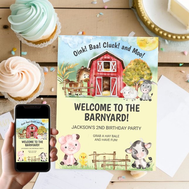 Farm Animal Barn Themed 2nd Birthday Invitation (Farm Animal Barn Themed Birthday Party Invitation)