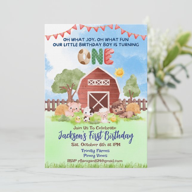 Farm Animal Barnyard First Birthday Invitation (Standing Front)