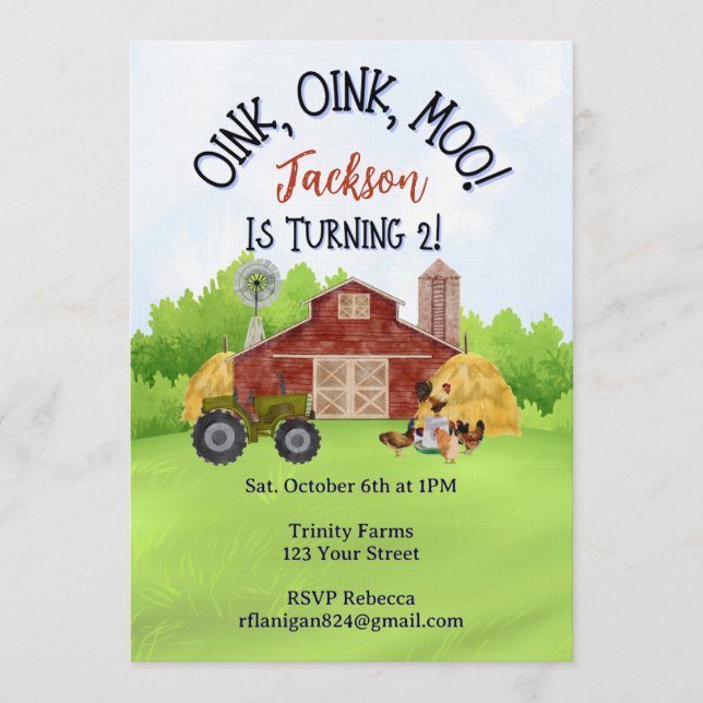 Farm Animal Barnyard Second Birthday Invitation (Front)