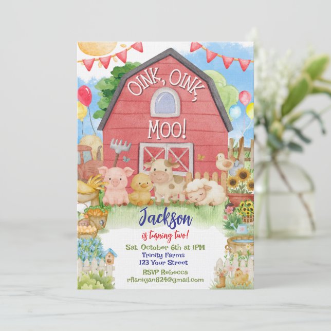 Farm Animal Barnyard Second Birthday Invitation (Standing Front)