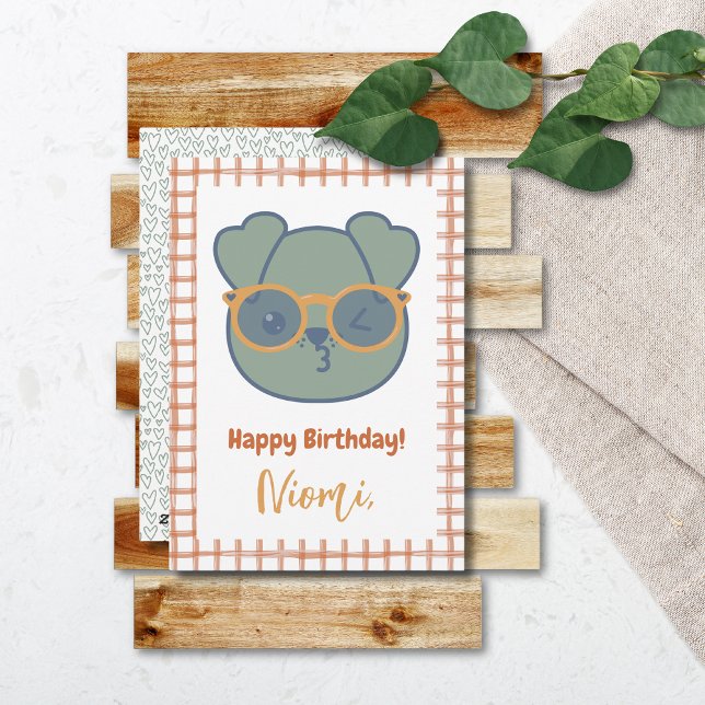Farm Animal Birthday Dog Hearts Gingham Pattern Holiday Card (Farm Animal Birthday Card Dog Orange Gingham Border Heart Pattern)