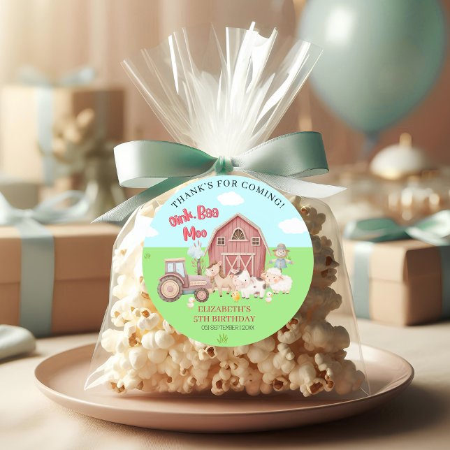 Farm Animal Birthday – Girl’s Barnyard Party Classic Round Sticker (Creator Uploaded)