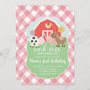 Farm animal birthday invitation with pink plaid