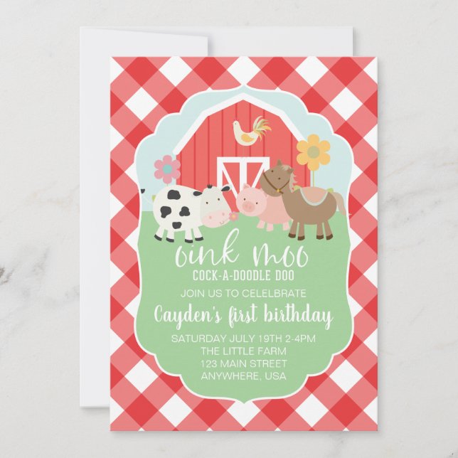 Farm animal birthday invitation with red plaid (Front)