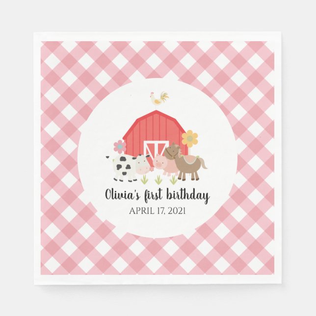 Farm Animal Birthday Party napkins pink plaid (Front)
