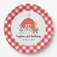 Farm Animal Birthday Party Plates red plaid