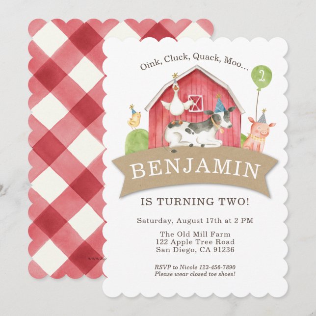 Farm Animal Birthday Party Red Check Boy or Girl Invitation (Front/Back)