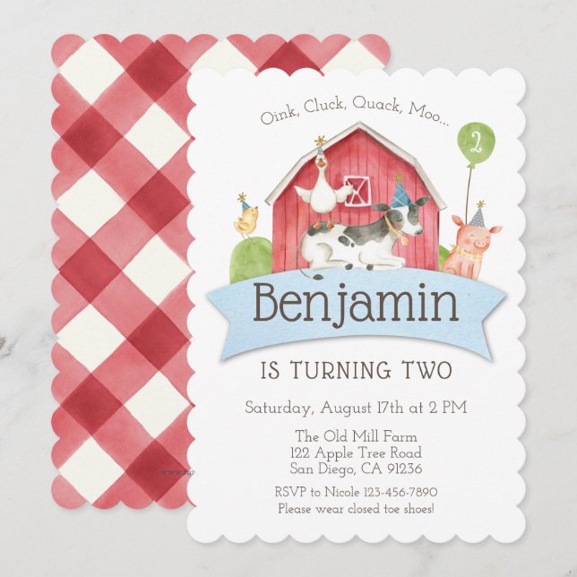 Farm Animal Birthday Party Red Check Invitation (Front/Back)