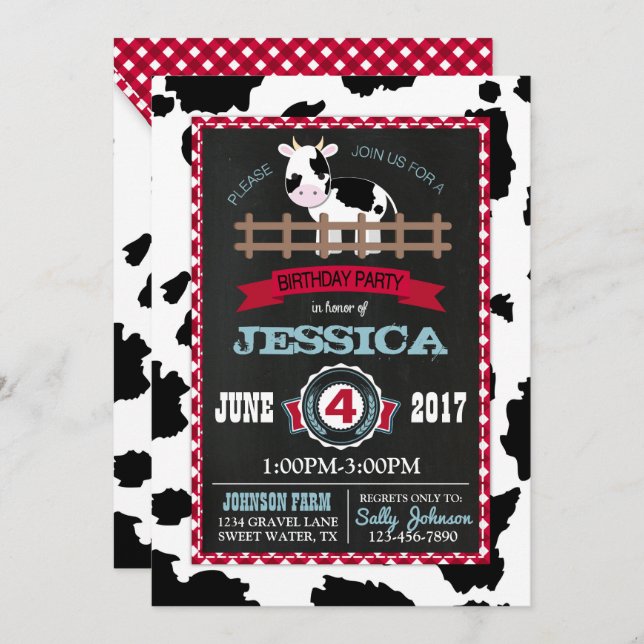 Farm Animal Cow Cowhide Gingham Country Birthday Invitation (Front/Back)