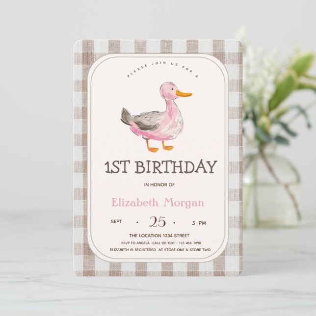 Farm Animal Duck Gingham Invitation (Standing Front)