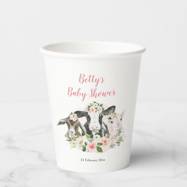 Farm Animal Floral Girl Baby Shower Paper Cups (Front)