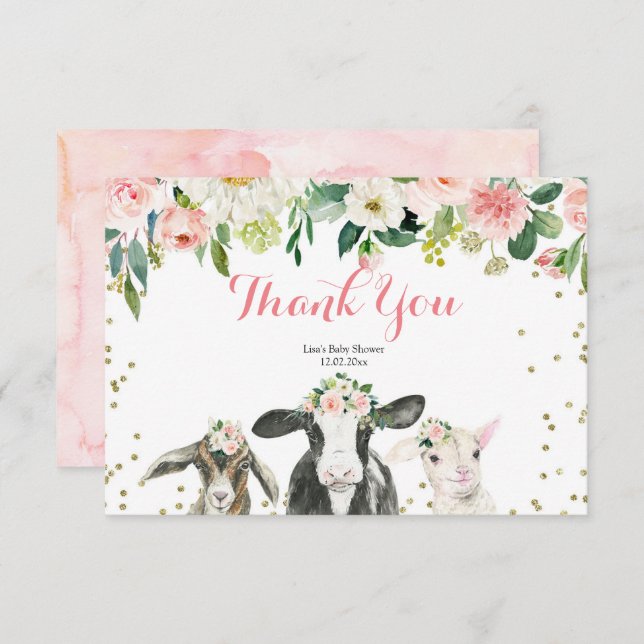 Farm Animal Floral Girl Baby Shower Thank You Card (Front/Back)