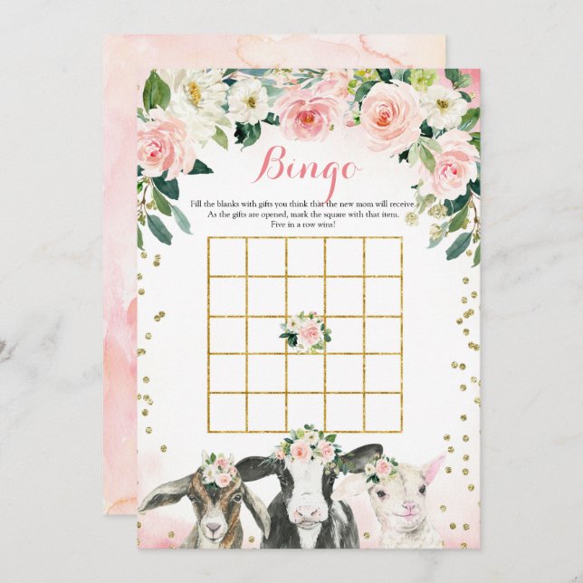 Farm Animal Floral Girl Bingo Game Card (Front/Back)