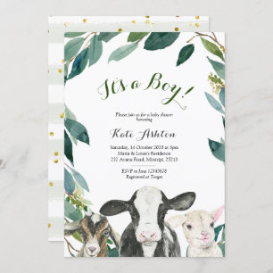 Farm Animal Greenery Boy Baby Shower Invitation