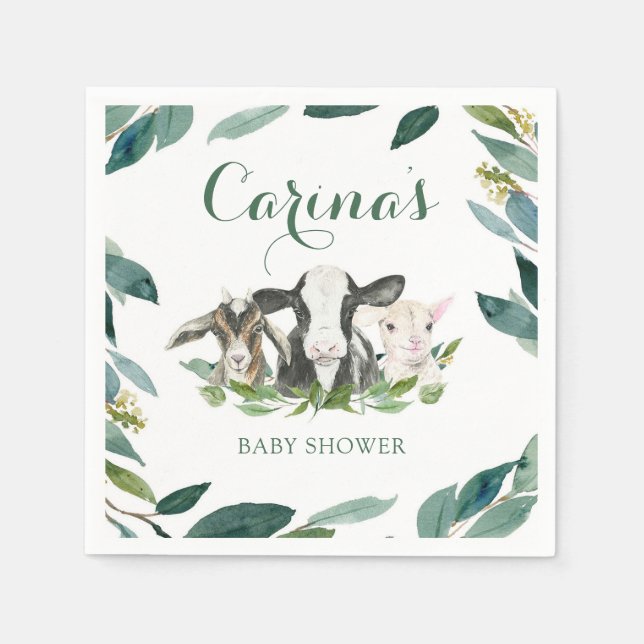Farm Animal Greenery Boy Baby Shower Napkins (Front)