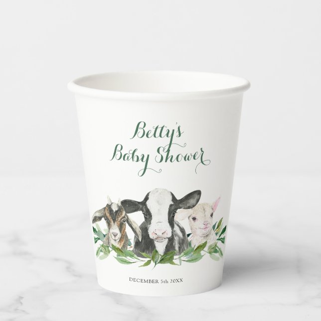 Farm Animal Greenery Boy Baby Shower Paper Cups (Front)