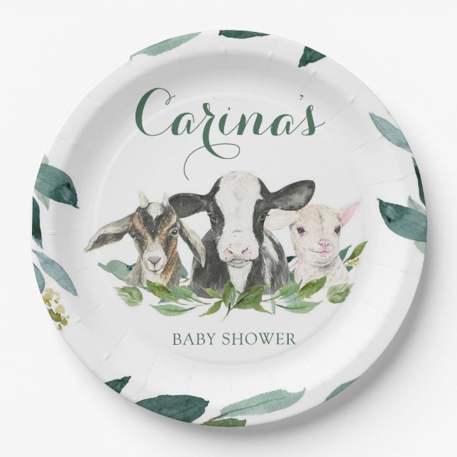 Farm Animal Greenery Boy Baby Shower Paper Plates (Front)
