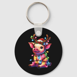 Farm Animal Lovers Pig Wearing Santa Hat Christmas Key Ring