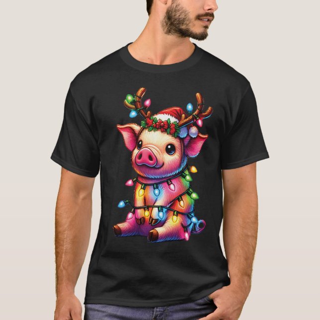 Farm Animal Lovers Pig Wearing Santa Hat Christmas T-Shirt (Front)